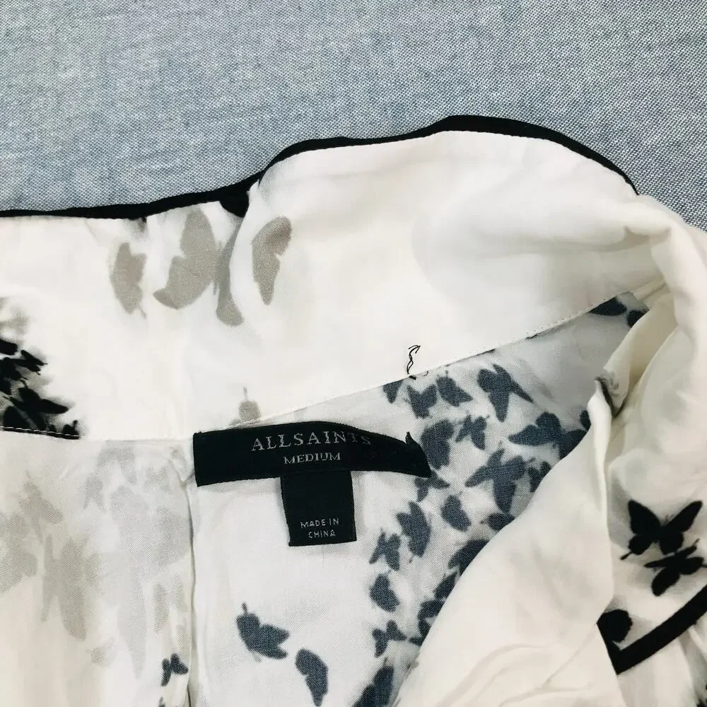 All Saints Women Medium Safi Orsino Pyjama Shirt White Black Skull Goth Flaw BC4